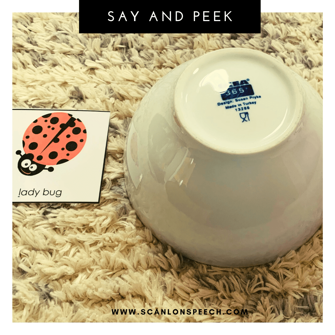 Say and Peek - a fun way to elicit multiple repetitions during articulation speech therapy. 